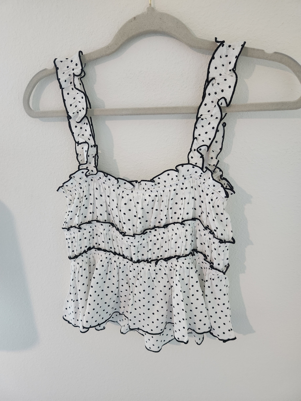 White Polka Dot Baby Doll Ruffle Crop Top with Black Trim And Bows - Picture 8 of 8